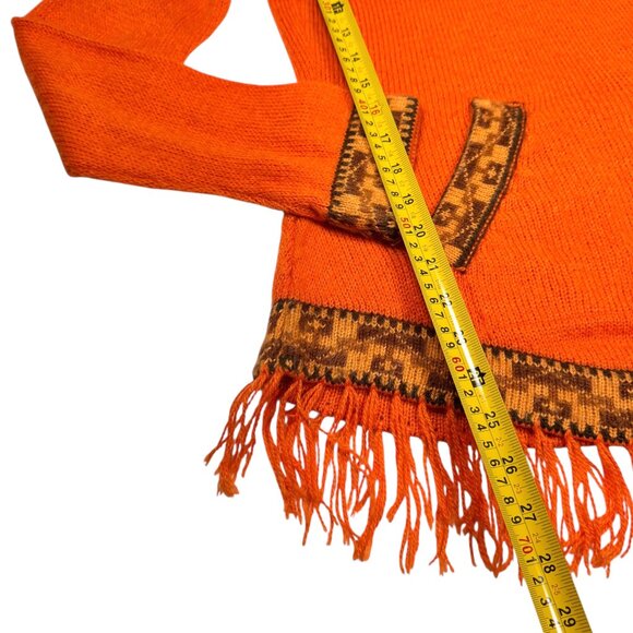 VTG 100% Alpaca Hooded Fringe Sweater Sz.S Orange Cabin Aztec Western Cowgirl - Picture 9 of 14